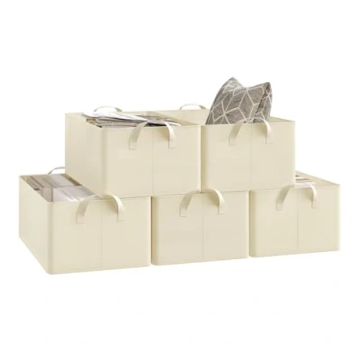 Image of WOLTU ABB09cm 5 Storage Boxes, Pack of 5, Fabric Cubes, Organiser Stacking Foldable Fabric, Cream, 47x20x28 cm