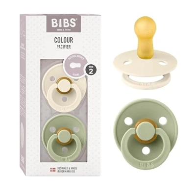 Image of BIBS Colour Soother 2 Pack, BPA Free Dummy Pacifier, Round Nipple. Natural Rubber Latex, Size (6 18 Months), Ivory/Sage