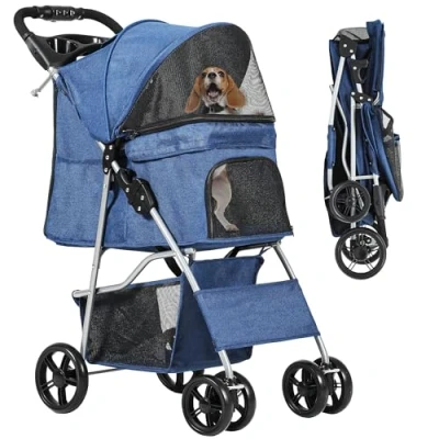 Image of YITAHOME Pet Stroller for Small to Medium Dogs, 4 Wheel Dog Pushchair with Storage Basket, Foldable Travel Carriage Cup Holder &amp; Basket (Blue)