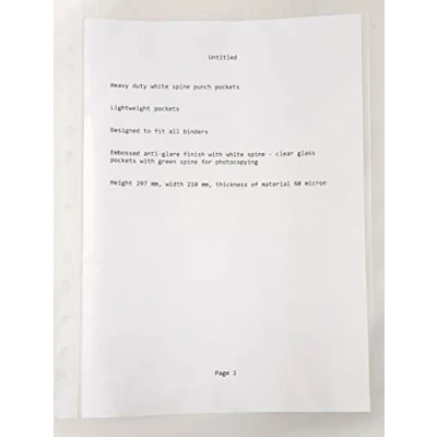 Image of 100 Deluxe Glass Clear A4 Punched POCKETS White Strip 60 Micron Strong