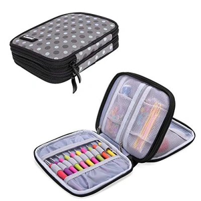 Image of Damero Crochet Hook Case, Organiser Zipper Bag with Web Pockets for Various Needles and Knitting Accessories, Well Made, Small Volume Easy to Carry, Gray Dots (No Accessories Included)