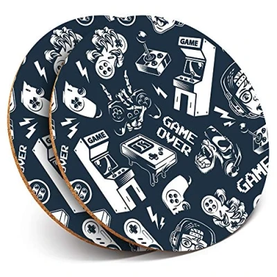 Image of 2 x Round Coasters Retro Gamer Video Game Kids Cork Backed Home Kitchen Accessory Tea Coffee Mug Mat #2040