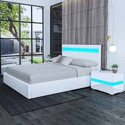 Image of Ottoman Bed, 5ft King Bed Gas Lift Storage with LED Lights Faux Leather Upholstered Frame Bedroom Furniture White