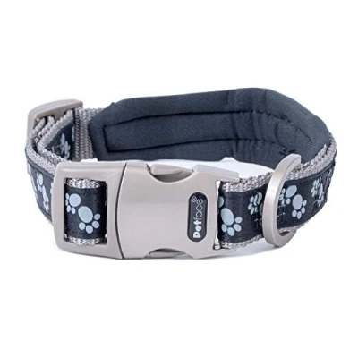 Image of Petface Signature Padded Dog Collar, Medium, Black With Grey Paws