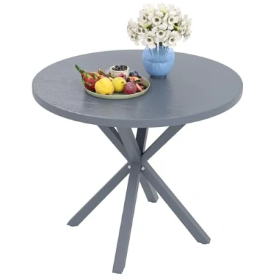 Image of Outsunny Garden Table, 85cm Round Outdoor Dining Table with Steel Frame, Wood Effect Top, for Balcony, Deck, Dark Grey