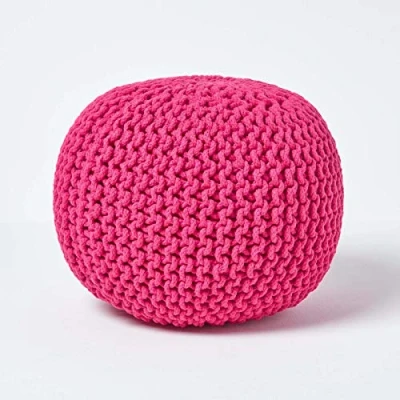 Image of HOMESCAPES Hot Pink Knitted Pouffe Footstool Bean Filled 100% Cotton for Living Room Children or the Elderly