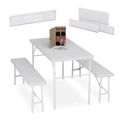 Image of Relaxdays Folding Furniture Set of 3, Garden Table &amp; Two Benches, Parties, Camping, HWD: 73 x 120 61 cm, White