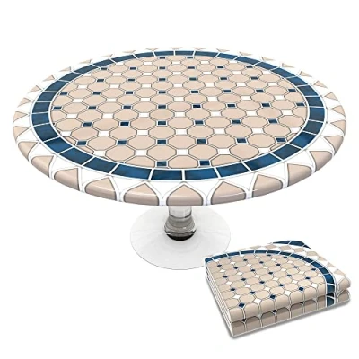 Image of VOUNOT Round Tablecloth Covers Elastic Picnic Waterproof Table Cover Ceramic Pattern 90 120cm, 6702868234263, Khaki Blue
