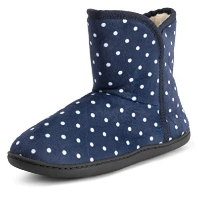 Image of Polar Womens Memory Foam Indoor Faux Fur Fleece Bootie Rubber Sole Comfort Outdoor Anti Slip Durable Slippers Navy/Spot UK5/EU38 YC0754