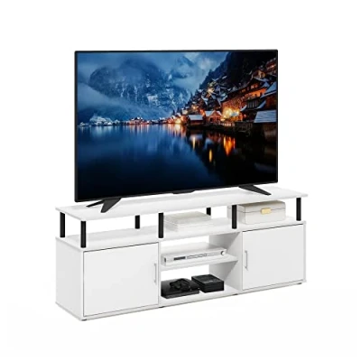 Image of Furinno Stand for TV up to 70 Inch, Wood, Solid White/Black, 39.9 (D) x 160 (W) 59.4 (H) cm
