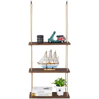Image of UNHO Hanging Corner Shelf, Wood Rope Shelf 3 Tier Window Wall Floating Shelves for Living Room Bedroom Bathroom Rustic Home Decoration