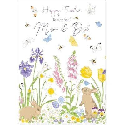 Image of doodlecards Mum and Dad Easter Card Spring Flowers with Bunnies Medium Size Plain Envelope