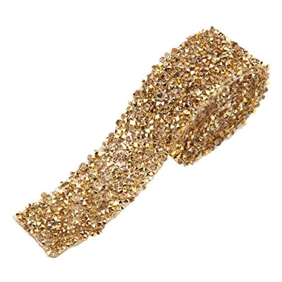 Image of Smandye Diamond Rhinestone Mesh Wrap Roll, 1yard Length 1.2inch Width, Gold, for Wedding Cakes, Birthday Decorations, Baby Shower Events, Arts and Crafts Projects DIY Decor