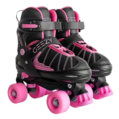 Image of 4 Wheel Adjustable Quad Roller Skates Kids Boots Childrens Rollerskates Pink, Purple, Blue or Red (Pink/Black, Medium/UK 2 4/)