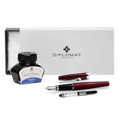 Image of Diplomat Excellence A2 Magma Red Fountain Pen with Writing Ink and Converter, Stainless Steel Nib Size M, Set