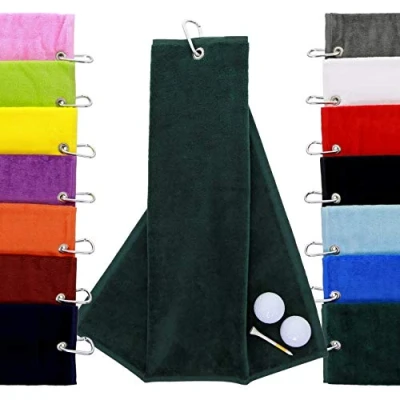 Image of aztex Tri Fold Golf Towel with Carabiner Clip, Cotton Velour, 590gsm, Forest