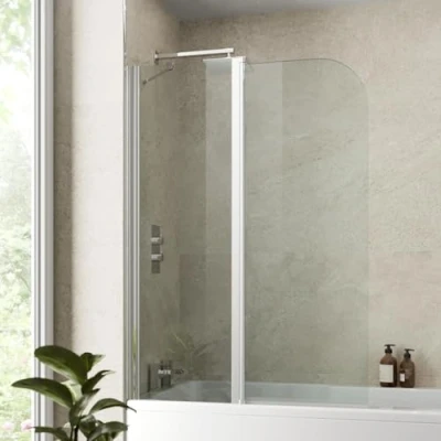 Image of Luxura® 1400 x 1000mm Chrome 2 Section Folding Over Bath Shower Screen Door 6mm Clear Toughened Safety Glass Panel 180 Pivot Bathroom Hinged Framed Screens