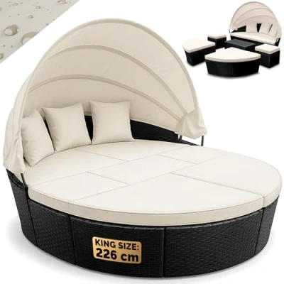 Image of CASARIA® Poly Rattan Outdoor Day Bed With Foldable Sun Canopy XXL Island 226 cm Luxury Lounger Patio Garden Furniture Seating Set Table Isle Black