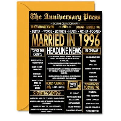Image of Gold 29th Anniversary Card for Men Women Golden Newspaper Married in 1996 Happy 29 Year Wedding Companion Husband Partner Wife, A5 Anniversaries Greeting Cards