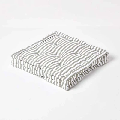 Image of HOMESCAPES Pin Stripe Grey 100% Cotton Large Floor Cushion Light and White 50 x 10 cm Square Indoor Garden Dining Chair Booster Seat Pad