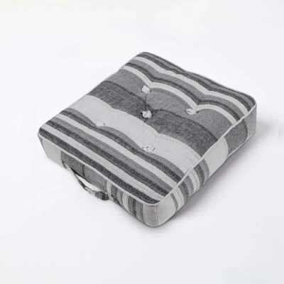 Image of HOMESCAPES Morocco Striped 100% Cotton Floor Cushion Grey 40 x 8 cm Square Indoor Garden Dining Chair Booster Seat Pad