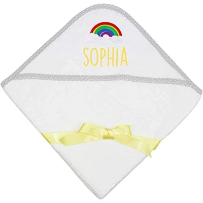 Image of Personalised Rainbow White Baby Bath Time Hooded Towel (Yellow)