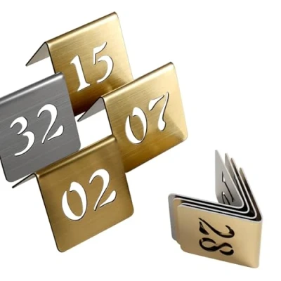 Image of Table Number Signs, Stainless Steel Tent Style Numbers 1 50 Restaurant Digital Plate Tabletop Stackable, Double Sided Display of Numbers, Restaurant(Gold 8cm,46 50)