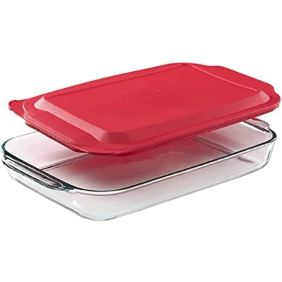 Image of 3L Borosilicate Bakeware Set: inc Glass Roaster 39cm (L) x 23.5cm (W) 5cm (H) with Clip Lid &amp; Chrome Stand.