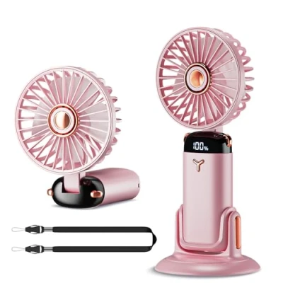 Image of GEMWON Handheld Fan Portable, Mini USB Rechargeable Fans with Lanyard and Detachable Base,4000mAH Battery Operated Electric Foldable Desk Desktop 5 Speed for Home Office Travel Pink