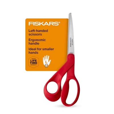 Image of Fiskars® Petite Left Handed Scissors Crafting and Sewing Stainless Steel for Smaller Hands Ergonomic Handle Paper Fabric Office, Arts, Crafts Red