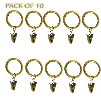 Image of Pack Of 10 Metal Curtain Rings With clips Pole Rod Voile Net Drapery Hanging Hooks (Antique Brass)