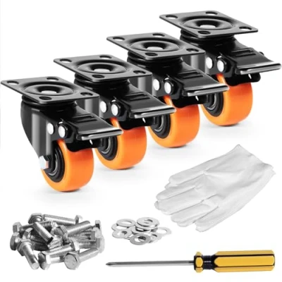 Image of VEVOR Caster Wheels, 2 inch Swivel Plate Casters, Set of 4, with Security Dual Locking No Noise PVC Heavy Duty 150 lbs Load Capacity Per Caster, Non Marking Wheels for Cart Furniture Workbench