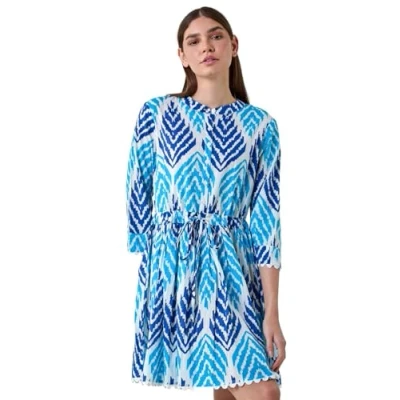 Image of Roman Womens Cotton Zig Zag Frill Trim Smock Dress Blue Size 16 UK