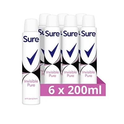 Image of Sure Invisible Pure Anti Perspirant Aerosol deodorant for women that protects against white marks and yellow stains 48 hour sweat odour protection 6x 200 ml