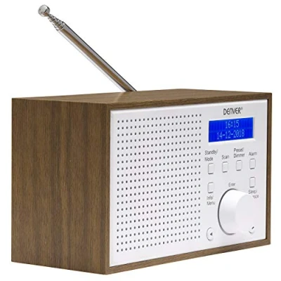 Image of Denver DAB 46 DAB/DAB+ Digital &amp; FM Portable Radio with Dual Alarm Clock Mains Battery, Snooze Sleep, Real Wood Effect Finish