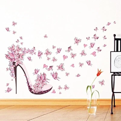 Image of Gemini_mall® Pink Butterfly High Heels Wall Art Sticker Door Stairs Living Room Bedroom Decor Woman Teenager Baby Girl Kid Children Nursery Decal Mural Poster Wallpaper