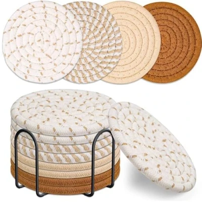 Image of 8 Pieces Coasters for Drinks,Braided Heat Resistant Home Coffee Table Desk Cups Tabletop Protection (Brown)