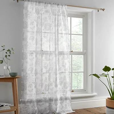 Image of Dreams &amp; Drapes Single Net Curtain for Windows W55 x L72 (140 182cm) Voile Bedroom/Living Room Vintage Floral Flowers Marinelli Collection, Grey