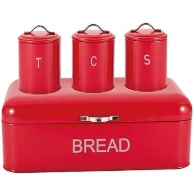Image of Stainless Steel 4pc Bread Bin Set Kitchen Tea Sugar Coffee Jar Canister (RED)