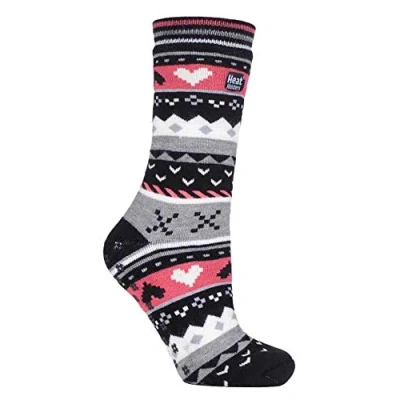 Image of HEAT HOLDERS Ladies Soul Warming Thick Cosy Fairisle Nordic Winter Non Slip Thermal Slipper Socks with Grippers (4 8 uk, Black/Coral (Soul))
