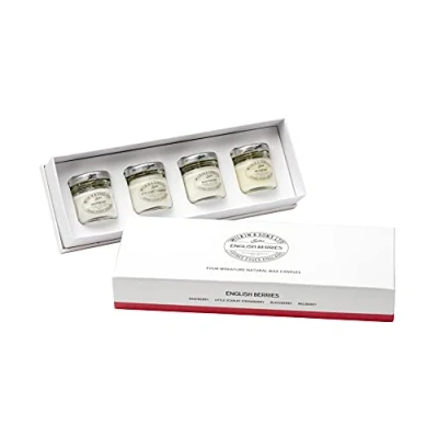 Image of Tiptree English Berries Candle Gift Box by Wilkin &amp; Sons / 4 x 28g Miniature Natural Wax Candles: BlackBerry, Mulberry, Little Scarlet Strawberry, Raspberry