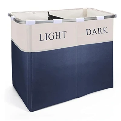 Image of Vinsani Lights and Darks Folding Laundry Sorter Basket Box Bag Bin Hamper Washing Cloths Storage 2 Compartments, Metal Navy Blue