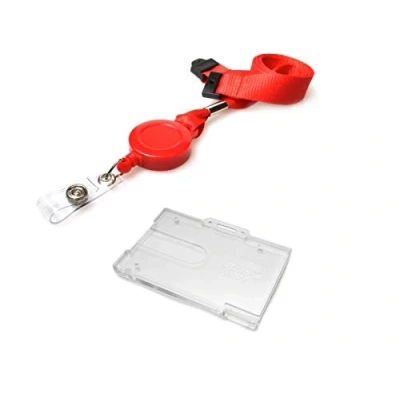 Image of ID Card It Lanyard Neck Strap with Safety Breakaway, Retractable Reel and Pass Badge Holder Enclosed for Work, Office, Security (Red Horiz Buddy)