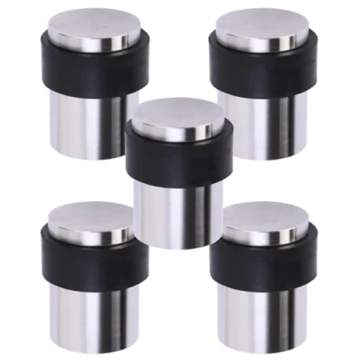 Image of HANDLEZONE® 5 Pack Floor Mounted Door Stop 30mm x 40mm, Collared with Rubber Buffer Stopper, Concealed Fixing Satin Stainless Steel
