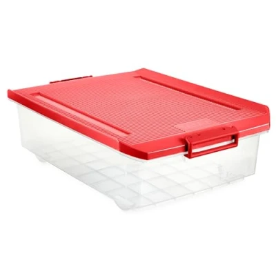Image of TATAY Underbed Storage Box with Lid, 32L Capacity, Handles and Wheels, Lid 100% Recycled Materials, BPA Free, Red, Measures 40 x 57 18 cm