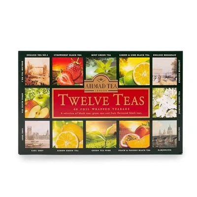 Image of Ahmad tea Twelve teas Selection Pack Black / Green Fruit Perfect gift 60 Teabag Sachets 12 Flavours