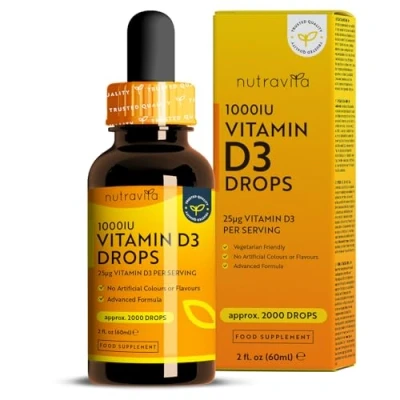 Image of Vitamin D3 Drops 60ml (2000 Drops) D 1000IU per Drop Flexible Dose of Liquid Supplement Supports Normal Bones, Immune System &amp; Calcium Absorption Made by Nutravita
