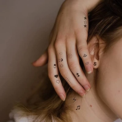 Image of Everjoy Realistic Tiny Mini Fake Temporary Finger Tattoo Stickers Simple, Small Black Icon Design Tattoos
