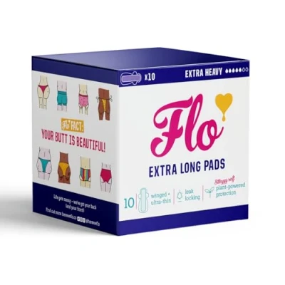 Image of FLO Organic Bamboo Sanitary Pads for Women with Wings, Biodegradable and Ultra Thin Towels 10 Long