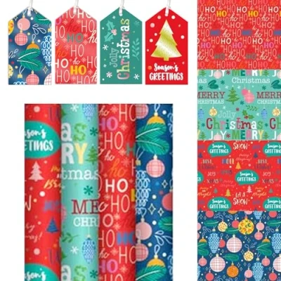 Image of Tallon Christmas Wrapping Paper 4 x 4M Rolls Gift Wrap 16 Metres and Matching Tags (Contemporary Design)